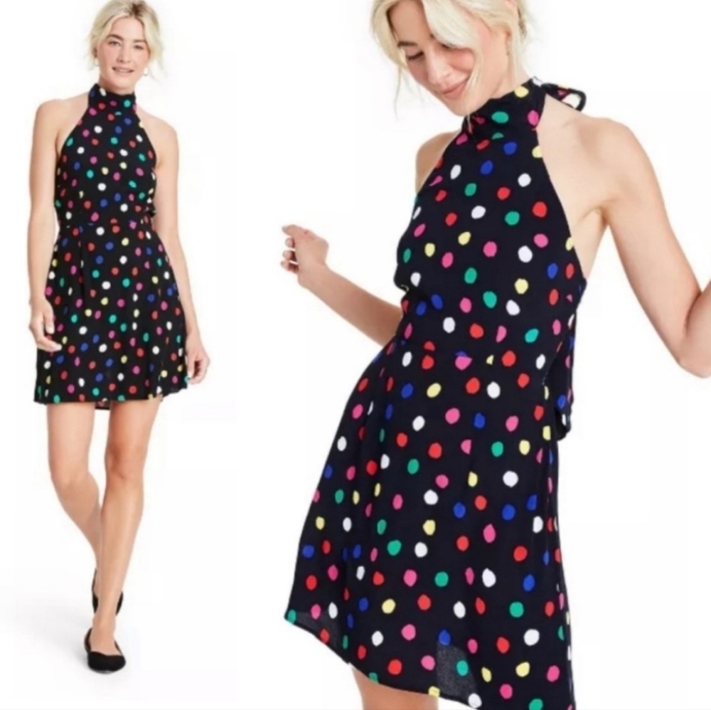 RIXO Black Multicolor Rainbow Polka Dot Halter Dress